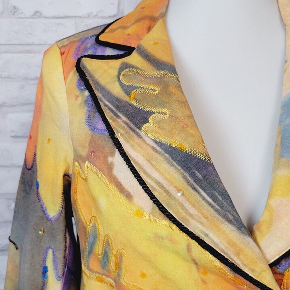 Anage Too wearable art jacket blazer‎ yellow blue hand painted cotton sz Small - Picture 3 of 9